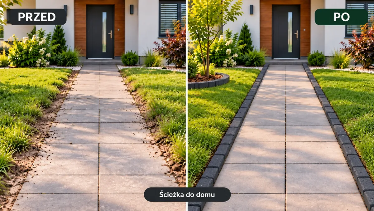 Wizualizacja przed i po: Ścieżka do domu z obrzeżem Roman Stone